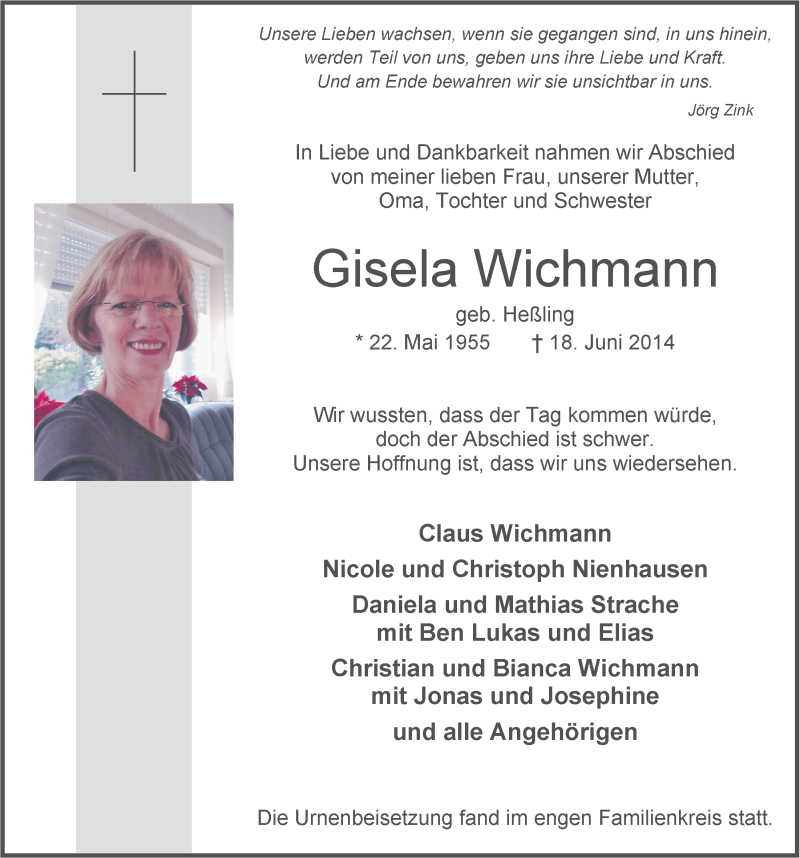  Traueranzeige für Gisela Wichmann vom 02.07.2014 aus OM-Medien